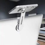 Slimtron telefoonhouder bevestigd achter het laptopscherm