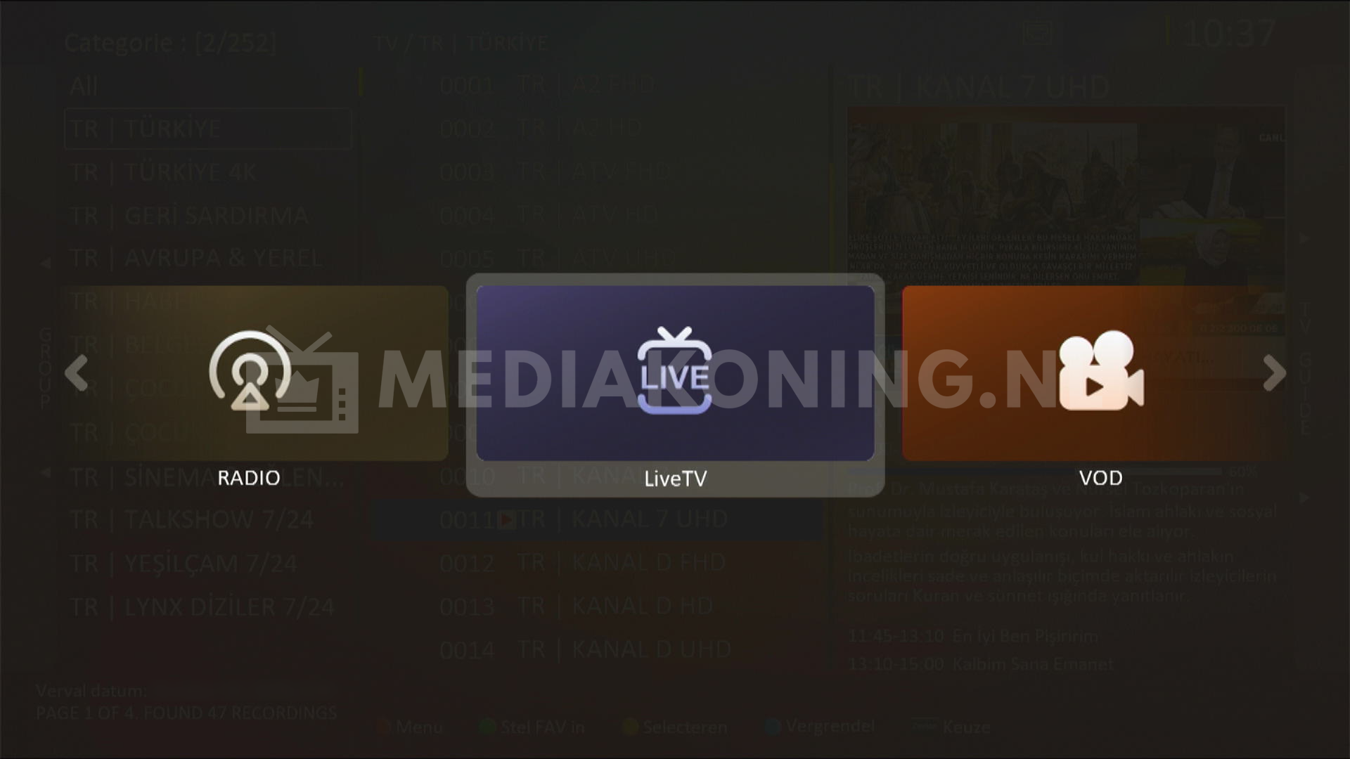Beginscherm DonTV op de Prixon P9 Pro met Mediakoning-logo